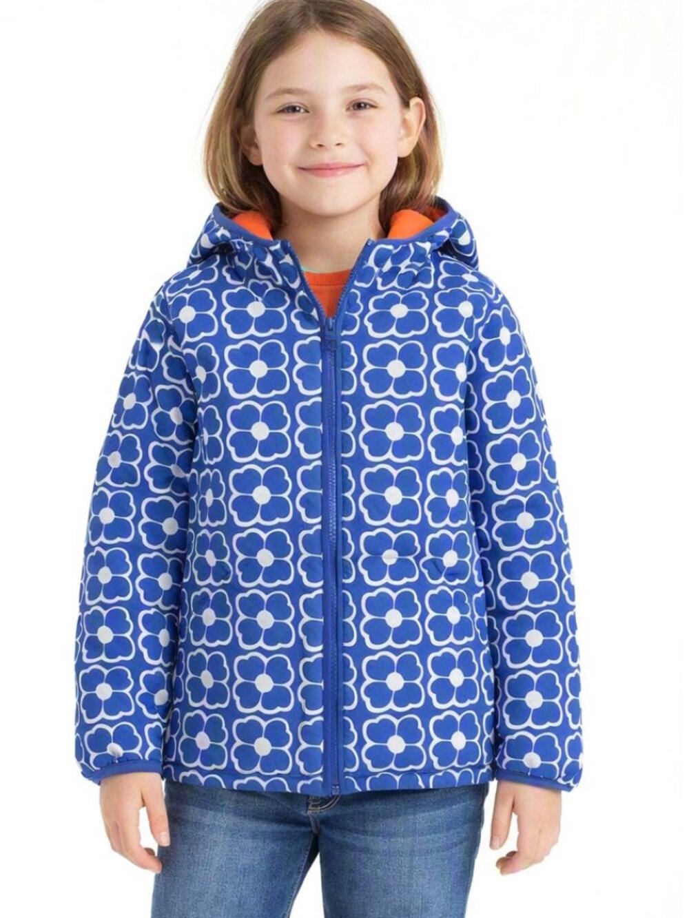 Mini Boden Hooded Full Zip Floral Jacket Blue White Girls Size 9/10 y